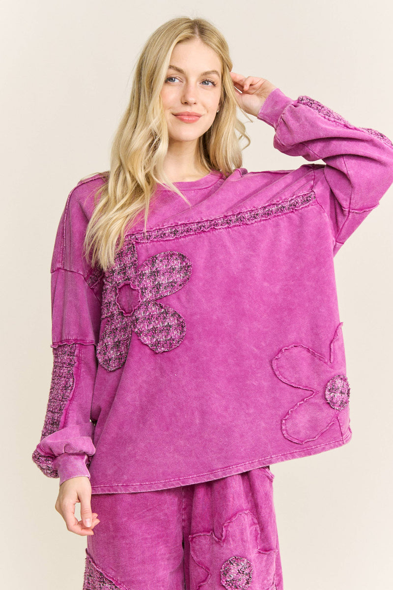 Mineral Washed Tweed Daisy patch Long sleeve top HT6761