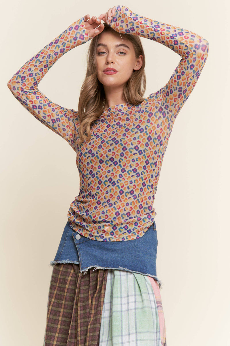 Multi Print Mesh Long Sleeve Top