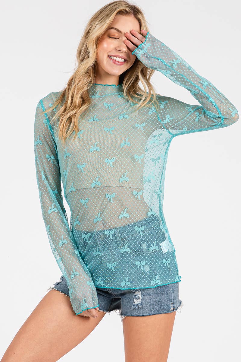 BOW PRINT LONG SLEEVE LACE TOP