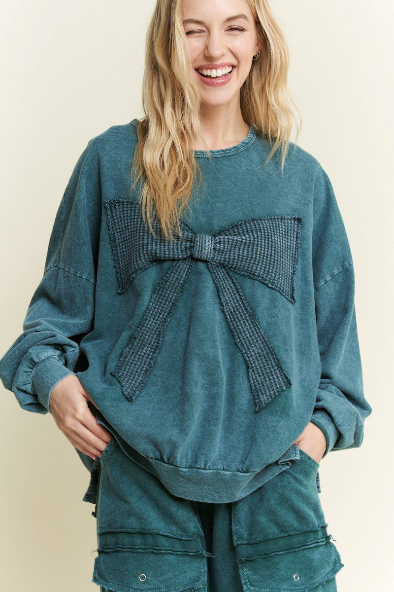 I'm a gift for you Waffle Ribbon bow terry top HT6129