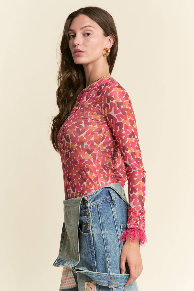 HEART PATTERN LACE DETAILED SLEEVE MESH TOP